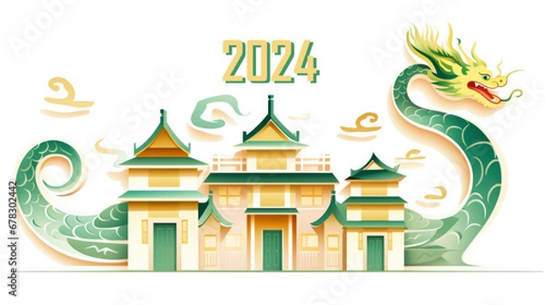 Fototapeta A minimal, simple illustration with house and dragon as a symbol of the Chinese New Year, isolated on a white background. Happy holiday concept. Banner