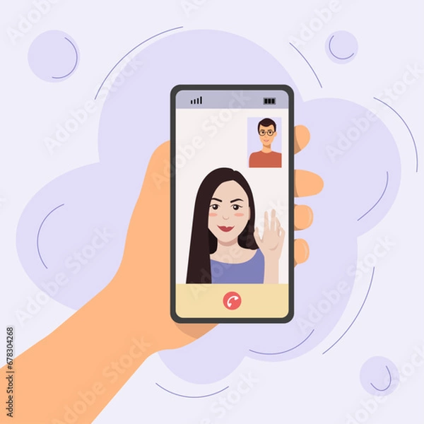Fototapeta videocall with woman and man on smartphone - vector illustration in flat style