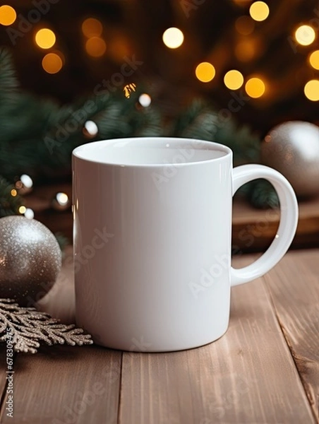 Fototapeta blank white coffee mug on a christmas background - mockup template