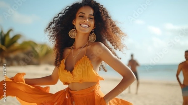 Obraz Beautiful Dominican Woman happy dancing at the beach, generative ai