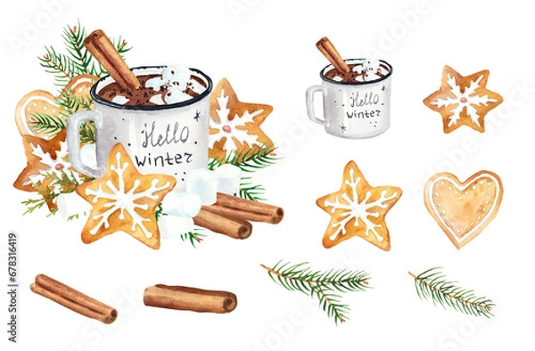 Fototapeta Watercolor hand drawn set of Christmas elements in nature colors with winter cup of cacao and gingerbreads