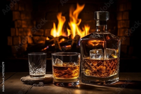 Obraz A bottle of whiskey and a glass on a wooden table against the backdrop of a fireplace. AI generated.
