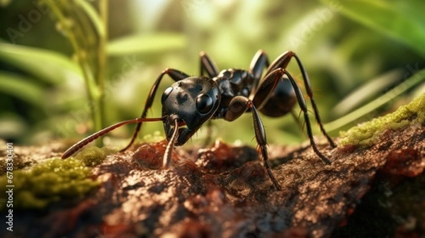 Fototapeta Close-up of a black garden ant in nature, generative ai