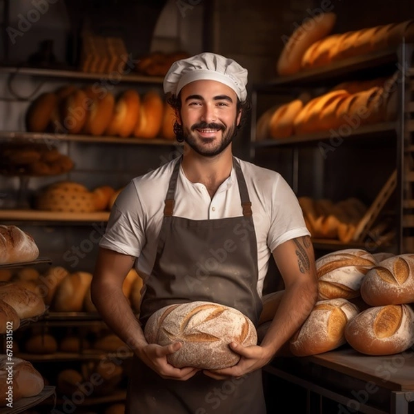 Obraz portrait of a happy 30-year-old baker standing in the middle of his bakery with bread in his hands