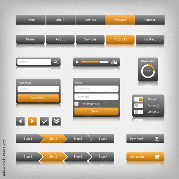 Fototapeta Web design elements with reflection. Login, search, 3 option.