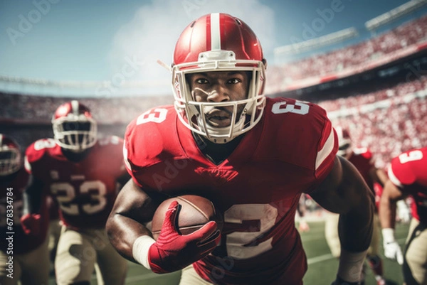 Fototapeta American football player with ball close-up in action in stadium under background light. Athletic, proud football player in a helmet and T-shirt is ready to play.