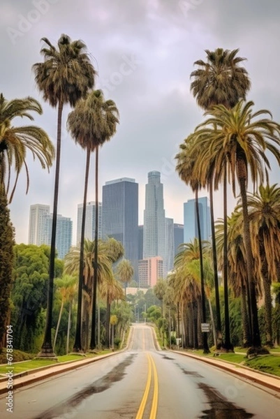 Obraz Viale con palme città americana