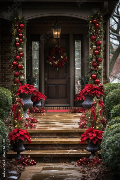 Fototapeta Christmas Decorations on Front Door of a Home with Christmas Trees.