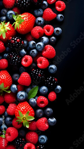 Obraz Red fruits. Concept of healthy and nutritious food, and antioxidants. Black background. Space for text.