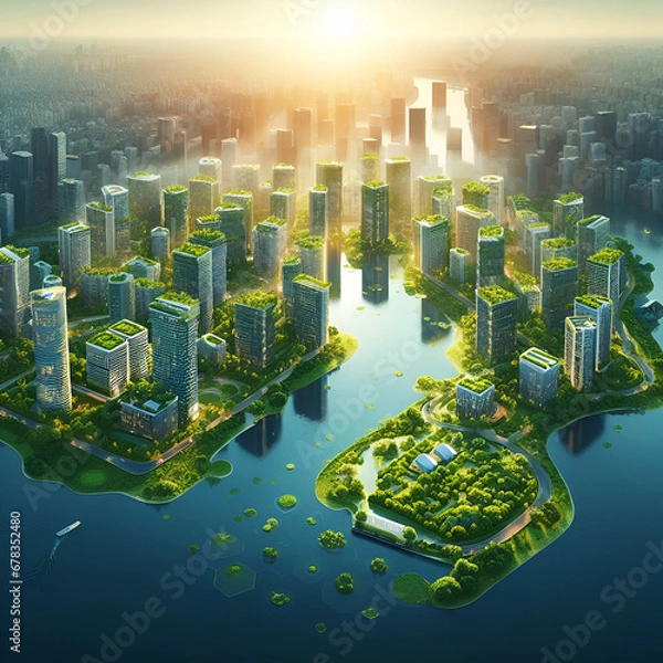 Obraz Photo of a modern green building nestled in lush green surroundings