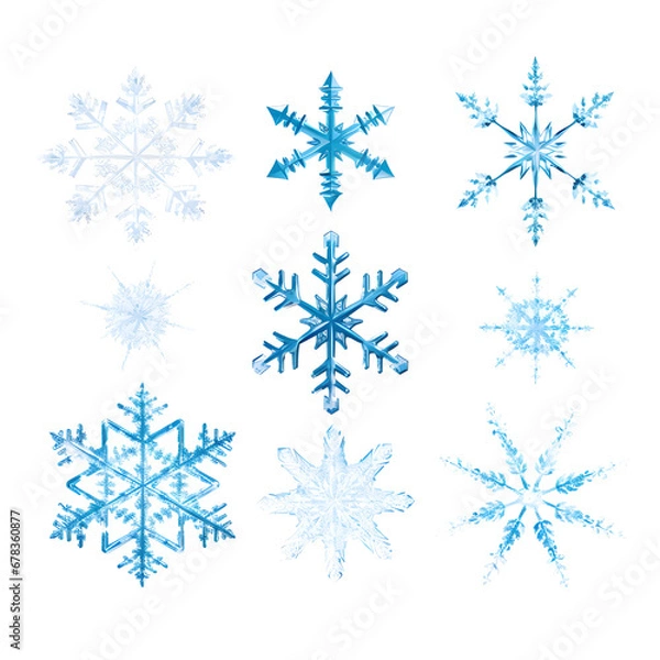 Obraz Set of different snowflakes isolated on white background. Macro photo of real snow crystals.