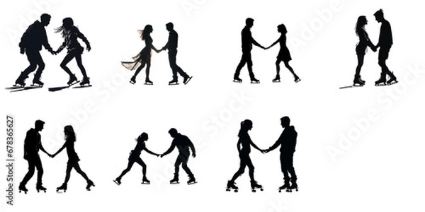 Fototapeta set of silhouettes of people, couples on ice skates and roller skates, vector illustration, isolated, generative AI.