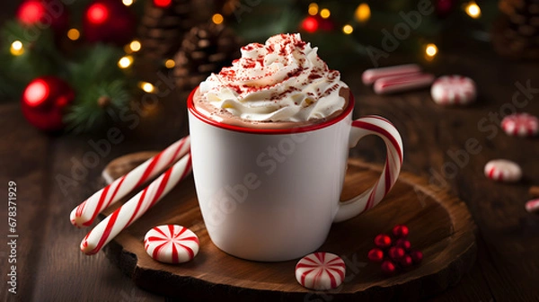 Fototapeta Ultimate Hot Cocoa with Peppermint Crunchies, Whipped Cream and Loads of Holiday Cheer