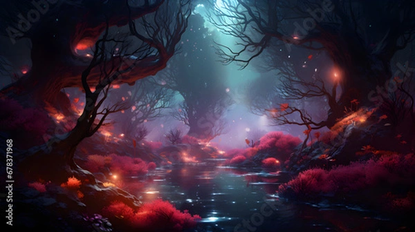 Fototapeta Mysterious Fantasy Background with Wooded Forrest and Stream