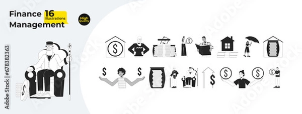 Fototapeta Activities financial black and white 2D illustration concepts bundle. Finance people diverse cartoon outline characters isolated on white. Saving money metaphor monochrome vector art collection