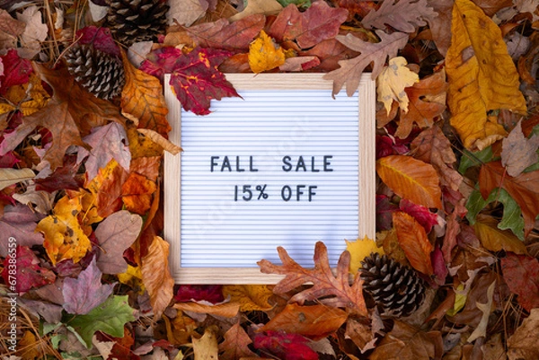 Obraz Fall Sale 15% Off Letter Message Board Promotional Message In Frame Pile of Colorful Autumn Leaves
