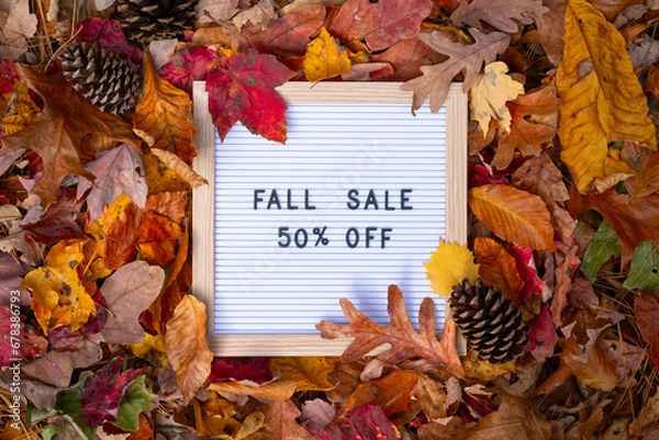 Obraz Fall Sale 50% Off Letter Message Board Promotional Message In Frame Pile of Colorful Autumn Leaves