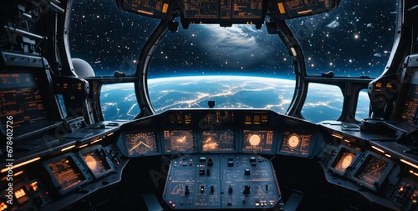 Obraz A view from a spaceship cockpit.