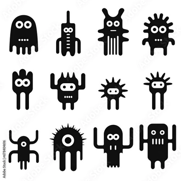 Fototapeta set of black and white abstract cartoon doodle creatures monsters icons tattoo flash sheet on Transparent background 