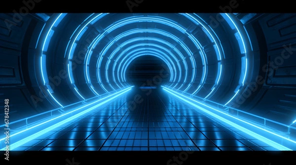 Fototapeta Futuristic Cyberpunk Neon light space tunnel, modern high technology, science fantasy, glowing cosmic in a blue mood 