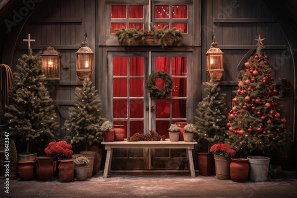 Fototapeta a selection of christmas trees and potted plants on made with AI