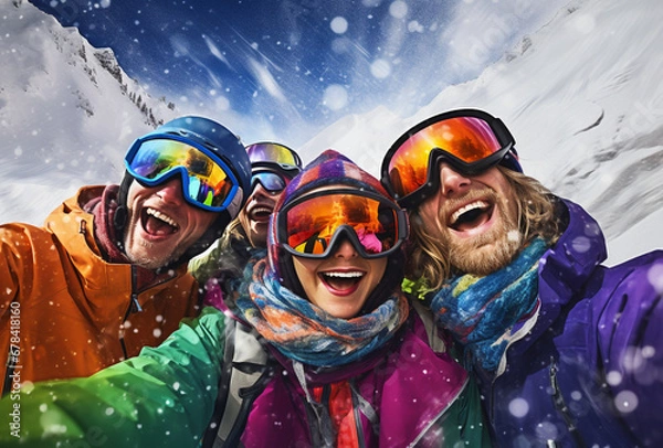 Fototapeta Group of cheerful friends on winter holidays. Skiers having fun on the snow and making selfie.