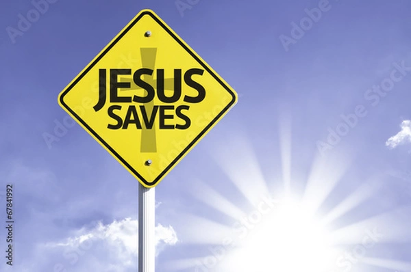 Fototapeta Jesus Saves road sign with sun background