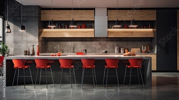 Fototapeta the beauty of a contemporary kitchen with an emphasis on the spacious countertop area reserved for text or design elements. The image provides a high-quality backdrop for various creative projects.