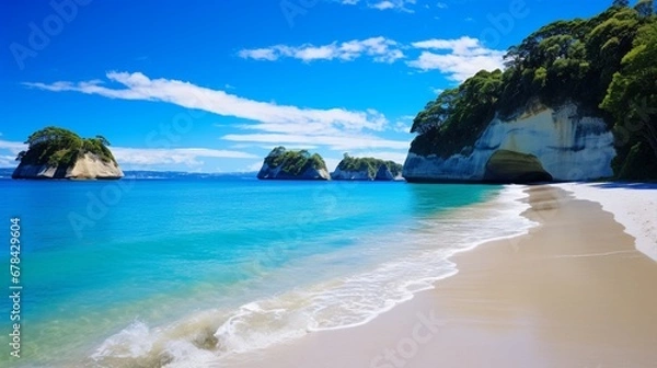 Obraz A picturesque and high-quality image of Cathedral Cove beach during a peaceful summer day, where the absence of people allows you to fully appreciate the natural wonder of this stunning location.