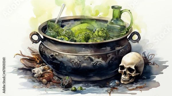 Obraz Watercolor Painting, Witch's Cauldron with a Green Mixture Containing Bones and Skulls, Generative AI