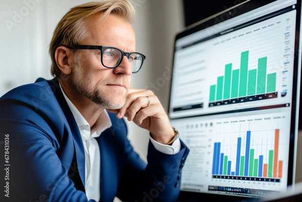 Fototapeta Man and computer with graphs,diagrams and charts on screen. Financial development, Banking Account, Statistics	