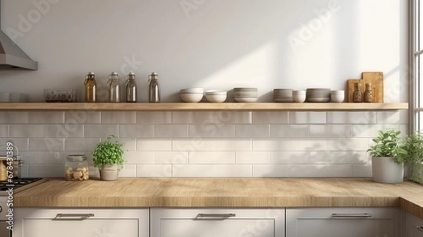 Fototapeta A realistic and well-lit image showcasing the details of a modern kitchen setting, including countertops.