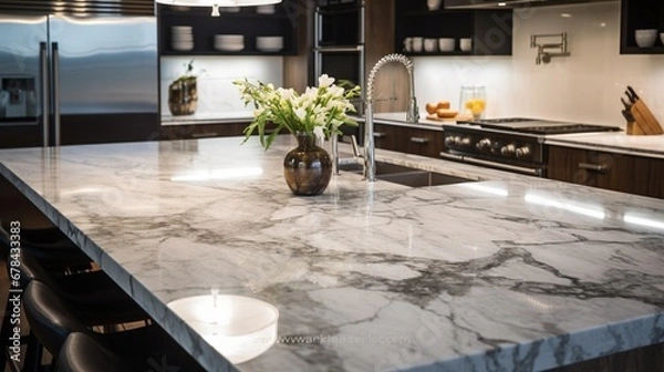 Fototapeta a close-up view of a sleek marble granite kitchen counter island in a modern, well-lit kitchen.