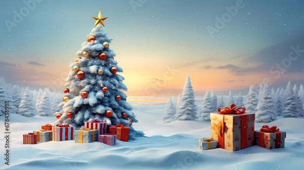 Fototapeta christmas tree in a snowy landscape with gifts placed in the snow near the trees, in the style of luminous 3d objects, dark orange and gold, cabincore, xmaspunk, rtx on, landscape realism