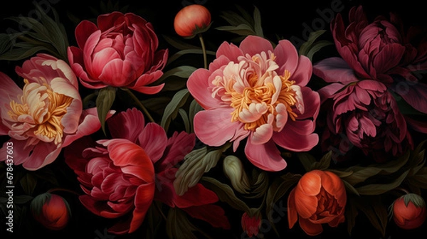 Obraz Painterly image of colorful peonies. Rococo and chiaroscuro lighting. Vibrant resource background and wallpaper.