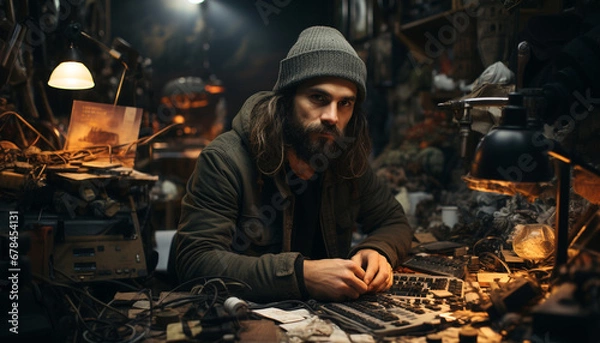 Fototapeta A skilled craftsman working in a metal workshop with confidence generated by AI