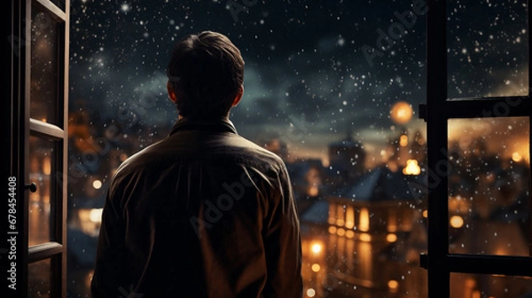 Obraz Young man looking out the window at a snowy night cityscape.