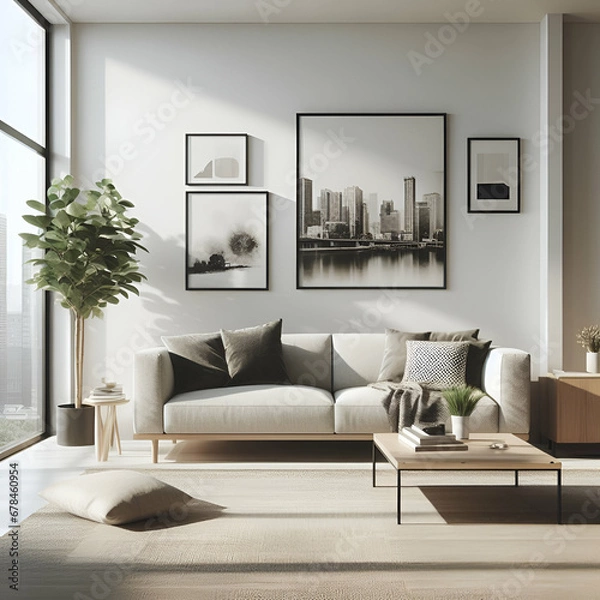 Fototapeta Modern Minimalist Designer Apartment White Fabric Living Room Interior with Window Overlooking Downtown Cityscape Skyline City View. Beautiful Couch, Pillows, Coffee Table Rug Green Plant & Wall Decor