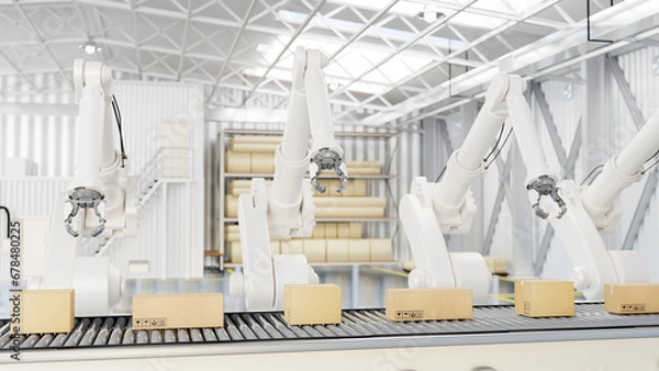 Fototapeta A modern distribution warehouse with modern robot arms and cardboard boxes on a conveyor belt.