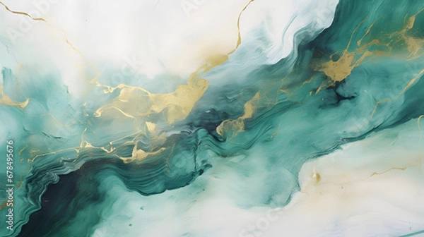 Fototapeta Abstract rough green white gold art painting marble texture. generative AI.