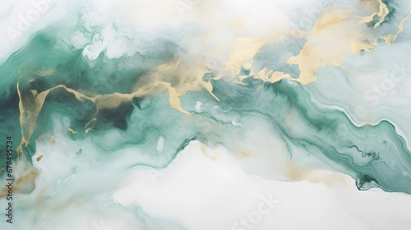 Fototapeta Abstract rough green white gold art painting marble texture. generative AI.