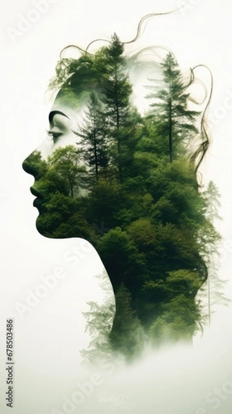 Fototapeta Double exposure image featuring a woman seamlessly blended with the lush green forest background, conveying the harmonious connection between humanity and nature through creative photography