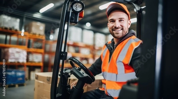 Fototapeta A Portrait of a professional industrial worker driving a forklift, a team of quality control staff storing goods, shelving, Warehouse Workshop for factory workers, quality control engineers.