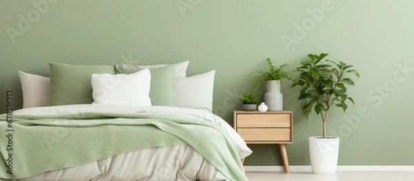 Fototapeta Real photo of a bright bedroom with green and white bedding pillows and nightstand drawer
