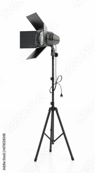 Fototapeta Stage spotlight on tripod isolated on white background. 3D illustration