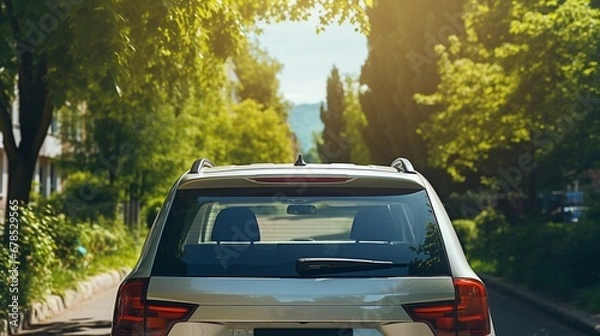 Obraz Closeup rear glass window of a car parked on street on summer sunny day, rearview. Mockup empty copy space for stickers or decals