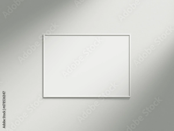 Fototapeta Minimal picture poster frame mockup on white wallpaper with sunlight