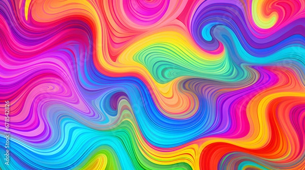 Fototapeta Seamless psychedelic rainbow ridged topological map pattern background texture. Trippy hippy abstract wavy swirls dopamine dressing style fashion motif. Bright colorful neon retro wall. Generative Ai.