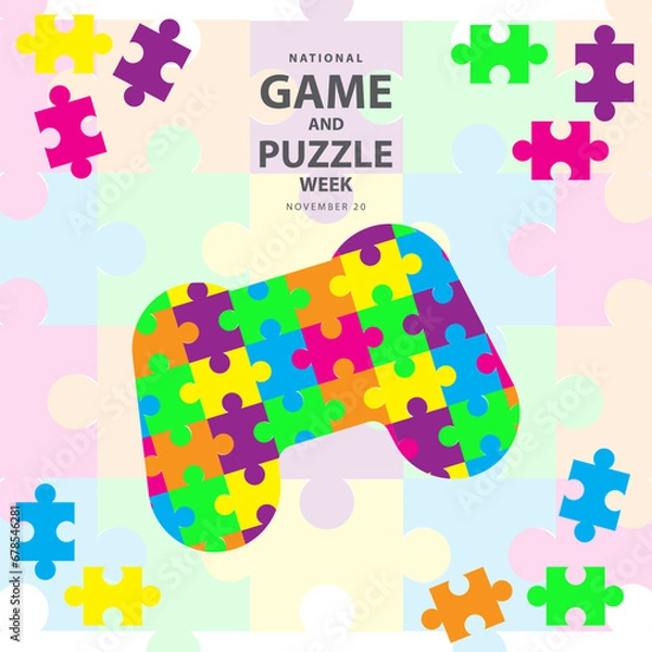 Fototapeta National Game and Puzzle Week on november 20, Puzzle shaped like a game stick vector illustration and text isolated on abstract background for commemorate and celebrate National Game and Puzzle Week.