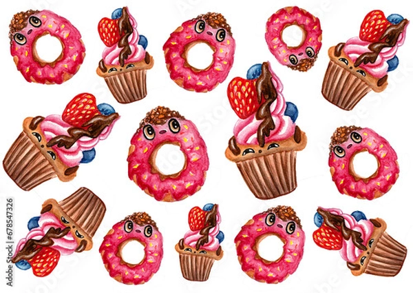 Fototapeta Donuts and cupcakes on white background. Watercolor. Donuts with pink glaze, various sprinkles, have big round eyes. Cupcakes with pink cream, chocolate frosting, berries, have small semicircle eyes.